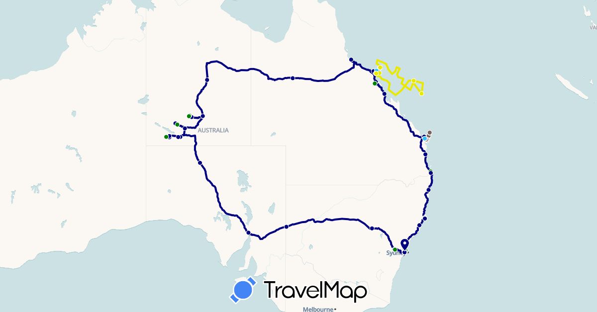 TravelMap itinerary: driving, boat, walk, transport commun, fly, 4x4 in Australia (Oceania)
