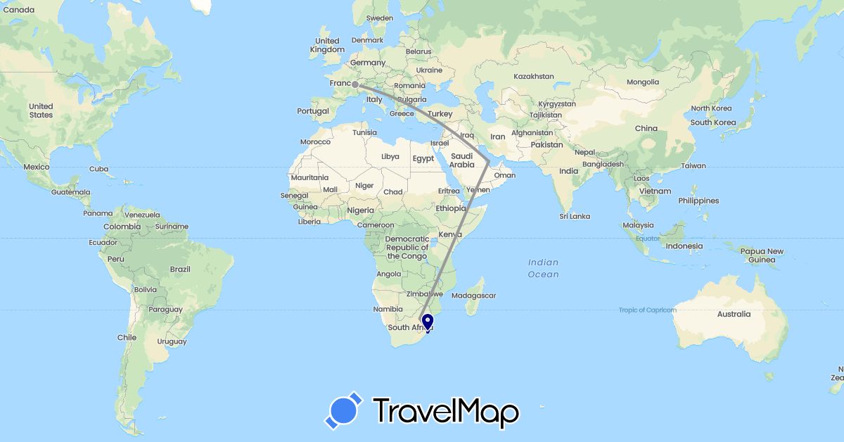 TravelMap itinerary: driving, plane in Switzerland, Qatar, South Africa (Africa, Asia, Europe)